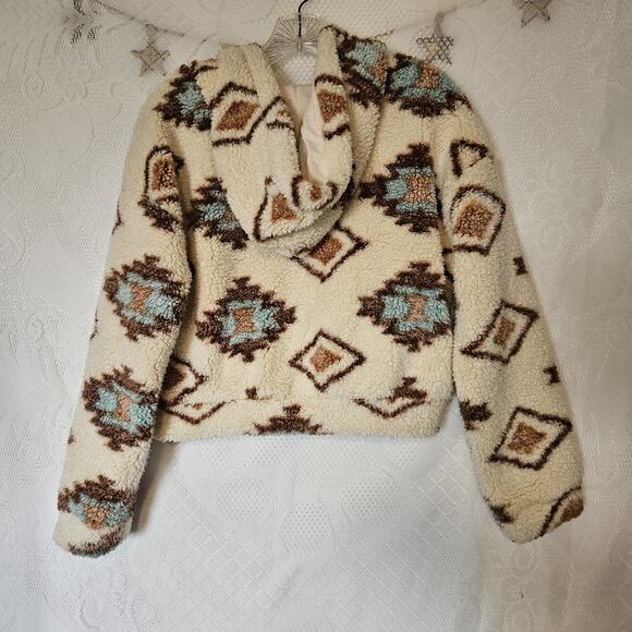 RSQ Small Aztec Teddy Sherpa Cropped Hoodie Full Zip Fuzzy Western Bohemian - Picture 2 of 7